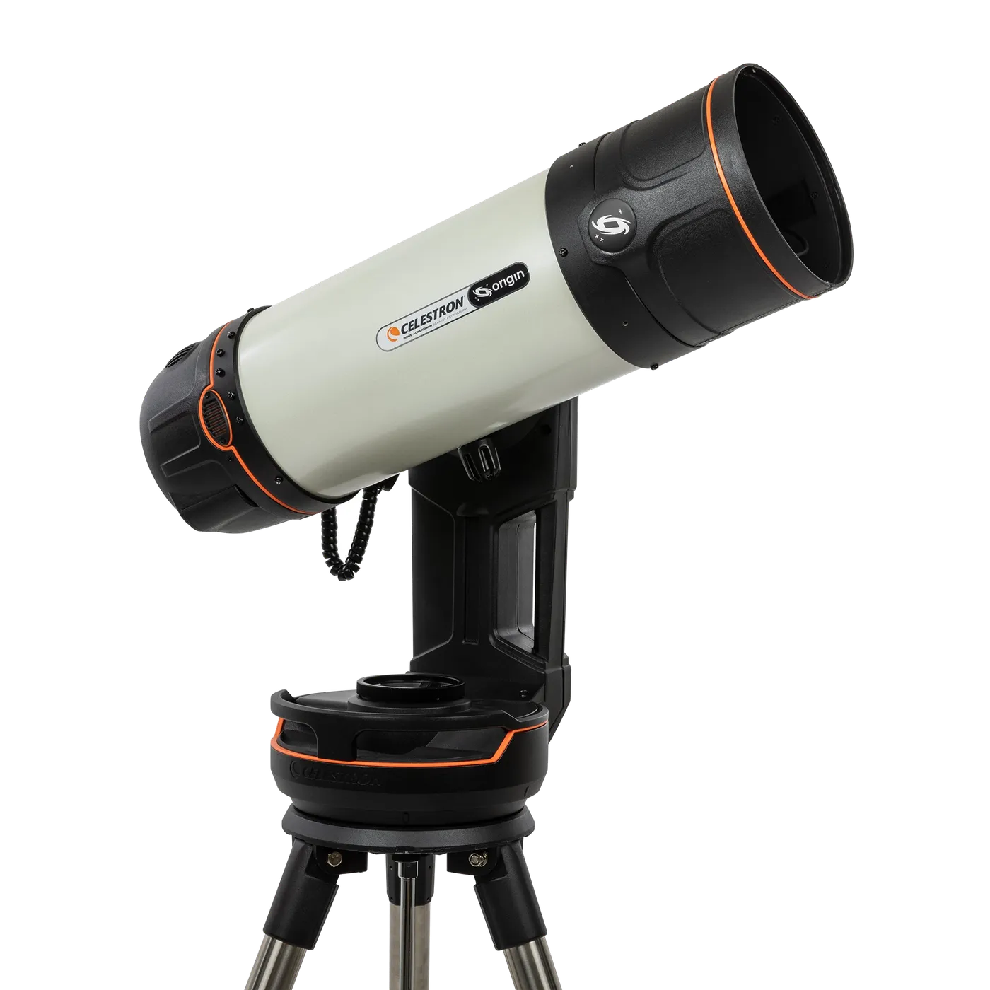 A close framing on the white optical tube of the Origin and its black mount, at three-quarters, the top of the tripod visible.