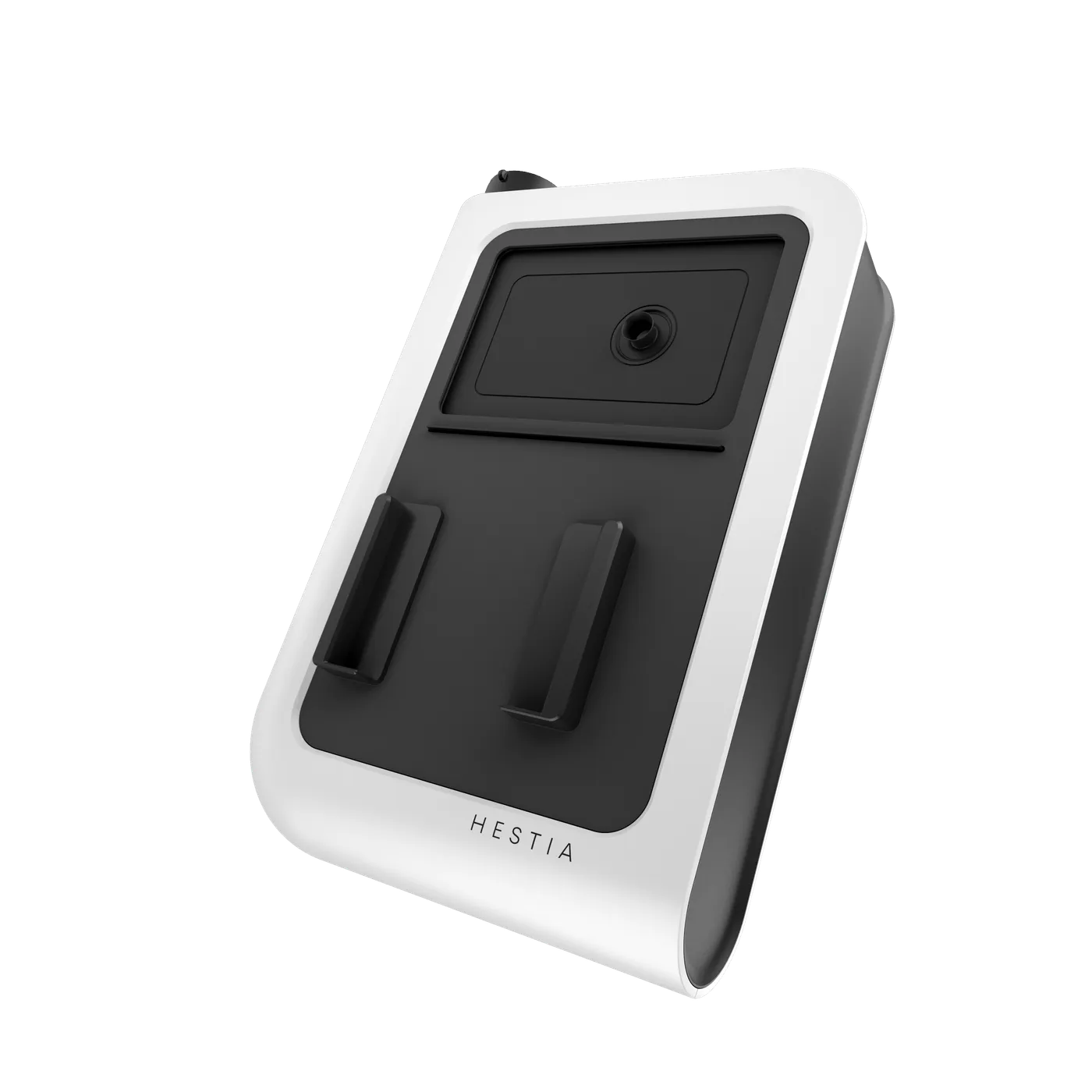 L'Hestia seul, de trois quarts. La coque blanche encadre un panneau noir, ses deux glissières de maintien et l'ouverture optique.