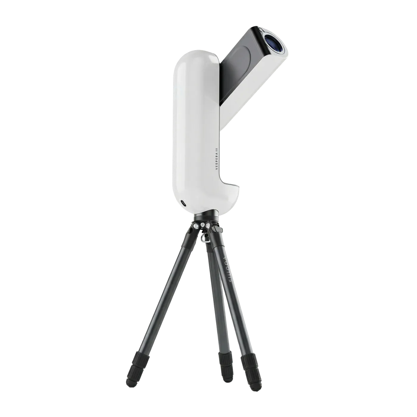 Le Vespera 3 de trois quarts sur son trépied déployé. Le corps blanc allongé porte en haut une tête optique inclinée vers la droite.