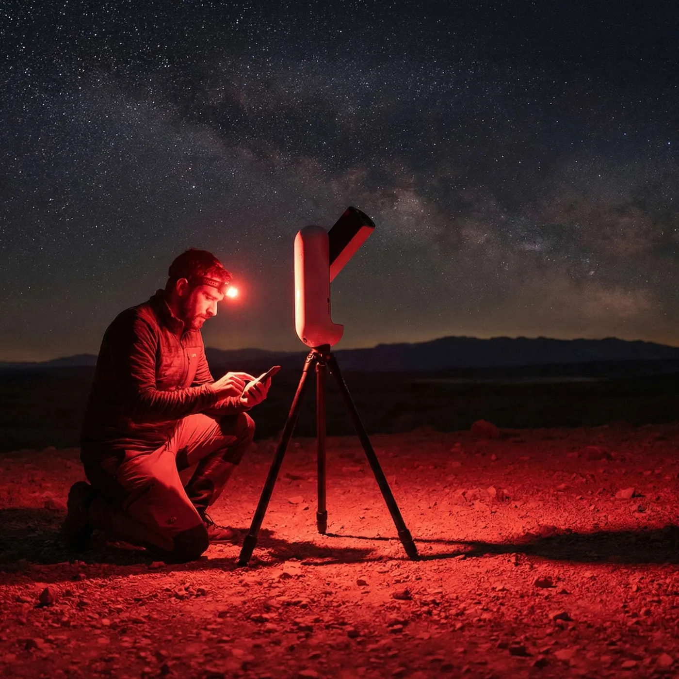 Un homme accroupi près du Vespera Pro 2 consulte son téléphone, lampe frontale rouge allumée. La Voie lactée traverse le ciel derrière eux et la lumière rouge baigne le sol.