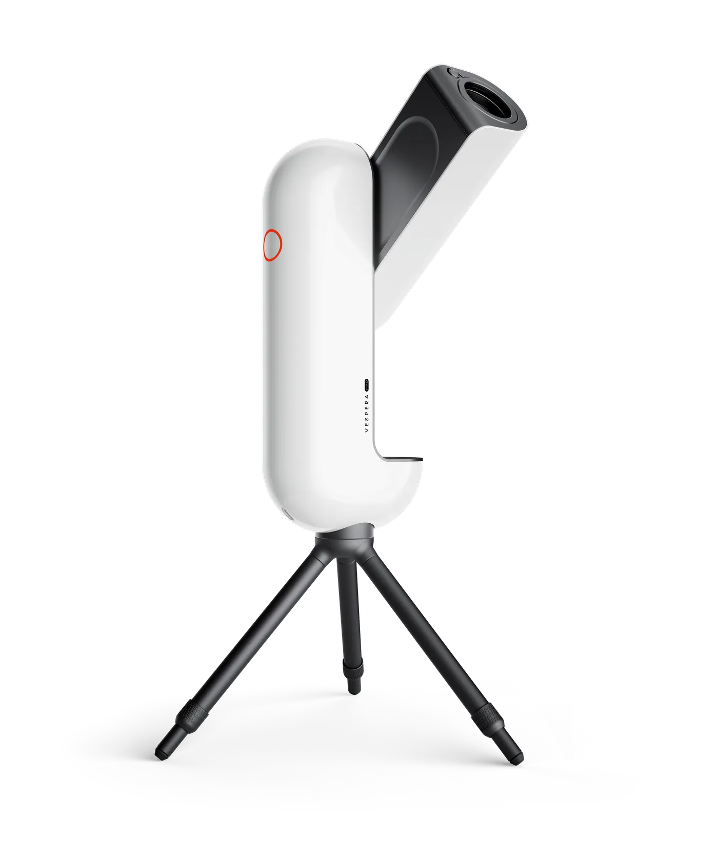 The Vespera Pro in the observing position. The black optical tube has come out of the white body and is tilted towards the sky.
