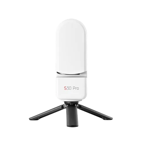Le Seestar S30 Pro vu de dos sur son trépied. Le marquage S30 Pro est imprimé sur le socle blanc.
